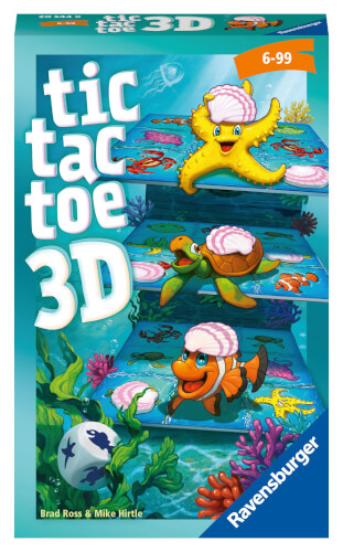 Auf dem Bild ist die Verpackung des Spiels "tic tac toe 3D" von Ravensburger zu sehen. Auf der Schachtel sind Meeresbewohner wie ein Seestern, eine Schildkröte und ein Fisch abgebildet.