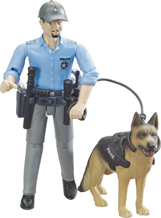 Auf dem Bild ist eine Spielfigur als Polizist mit einer Polizeiuniform zu sehen. Neben ihm steht ein Polizeihund an der Leine.