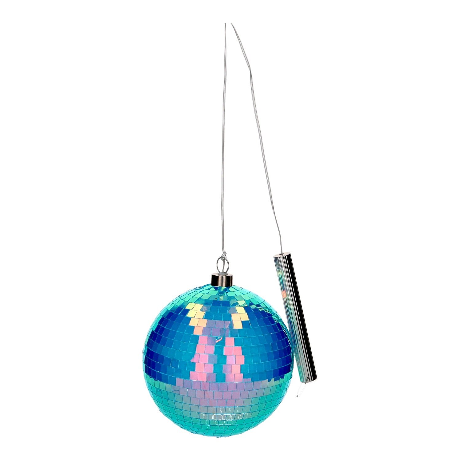 Zu sehen ist eine Disco LED-Kugel in Neon Blau mit 15 cm Durchmesser. Sie eignet sich perfekt für Partys und besondere Anlässe.