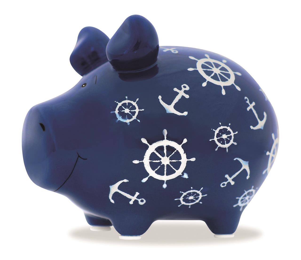 Das Bild zeigt ein dunkelblaues Sparschwein mit nautischen Motiven wie Ankern und Steuerrädern. Es handelt sich um das Produkt „Nautilus Kleinschwein“.