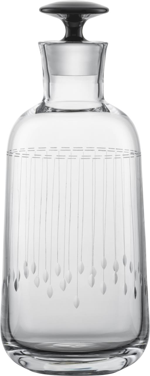 Die Abbildung zeigt eine elegante Whiskykaraffe mit einem Fassungsvermögen von 0,5 Litern. Sie ist aus Glas gefertigt und hat ein feines, glamouröses Muster eingraviert.