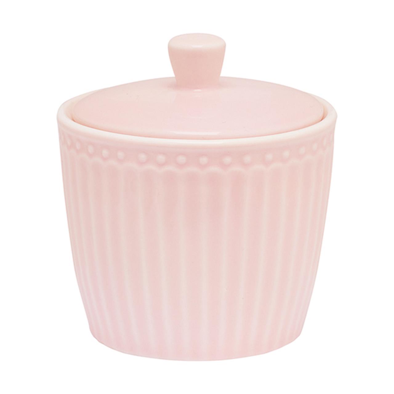 Die Abbildung zeigt eine Zuckerdose in zartem Rosa mit dem Namen "Alice". Sie hat ein dekoratives Rillenmuster und einen passenden Deckel mit Knauf.
