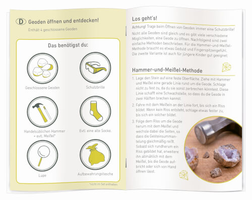 Das Bild zeigt eine Anleitung zum Öffnen und Untersuchen von Geoden, inklusive einer Liste benötigter Gegenstände wie Schutzbrille, Hammer, Socke und Lupe. Rechts wird die Vorgehensweise Schritt für Schritt erklärt, zusammen mit einem Foto von geöffneten 