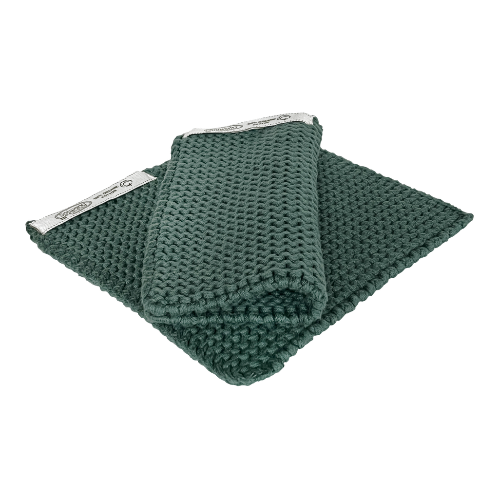 Topflappen Paar in staubigem Grün aus Biobaumwolle, 22x22 cm groß. Ideal zum Greifen und Halten heißer Gegenstände.