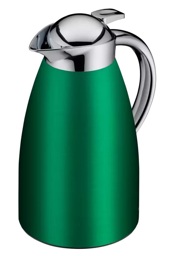 Die Abbildung zeigt eine grüne Isolierkanne mit silbernem Deckel und Griff. Das Produkt heißt "Isolierkanne Signo Satin green 1L".