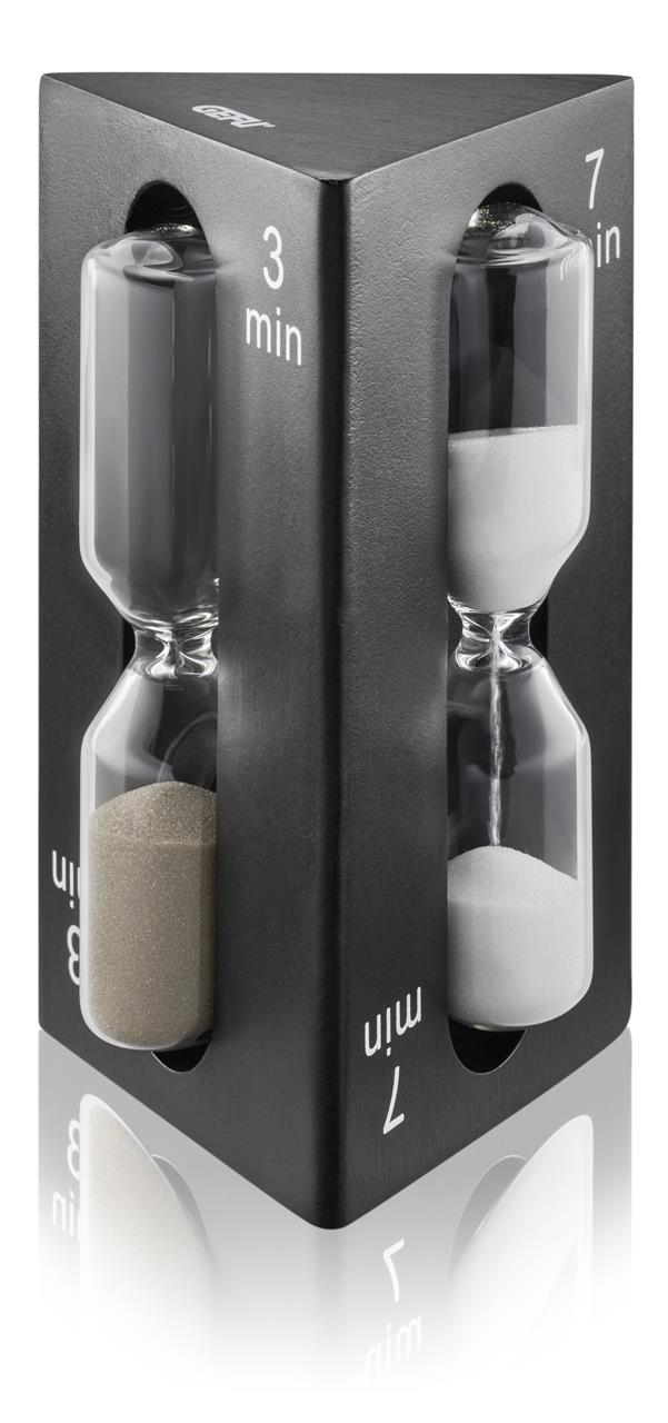 Das Bild zeigt eine dreieckige Sanduhr mit drei verschiedenen Zeitmessern für 3, 7 und 8 Minuten. Das Produkt heißt „Tee-Sanduhr Sando“ und wird zum Messen der Ziehzeit von Tee verwendet.