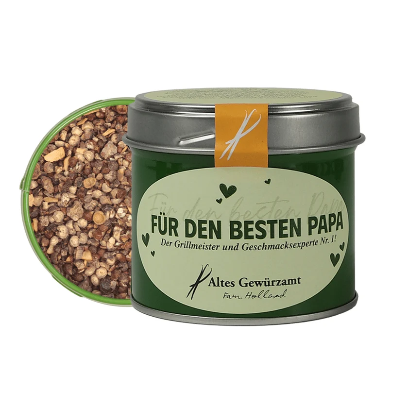 Dies ist das Produkt "Für den besten Papa" Steakpfeffer 90g. Es ist ein Geschenk für den Papa und enthält 90g Gewürz.