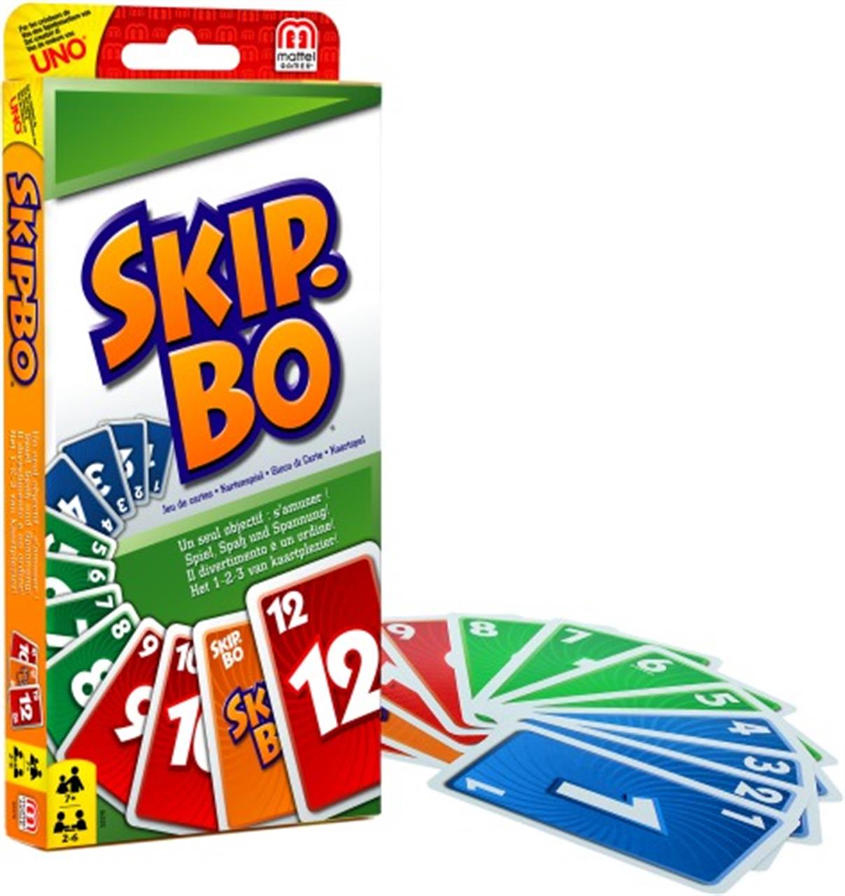 Das Bild zeigt die Verpackung und einige Karten des Kartenspiels Skip-Bo. Die Karten sind in verschiedenen Farben und mit Zahlen bedruckt.